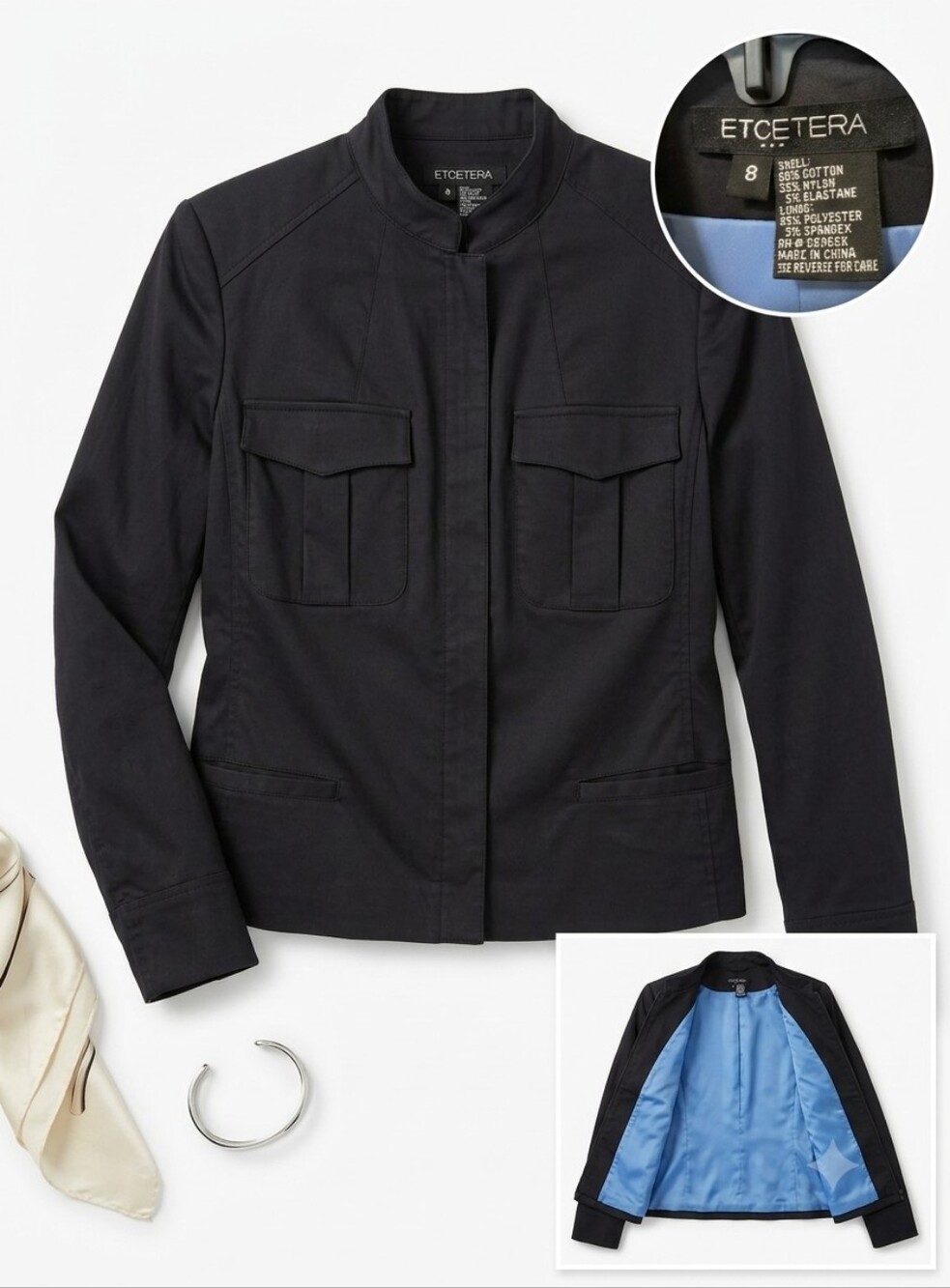 ETCETERA Structured Black Utility Jacket with Electric Blue Lining, Size 8